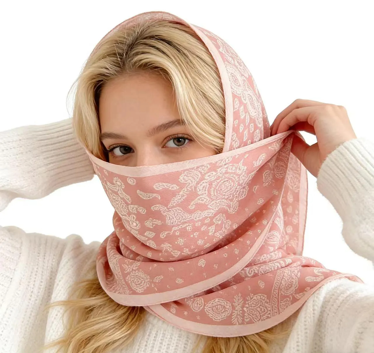 Grayish pink floral paisley patterned square scarf